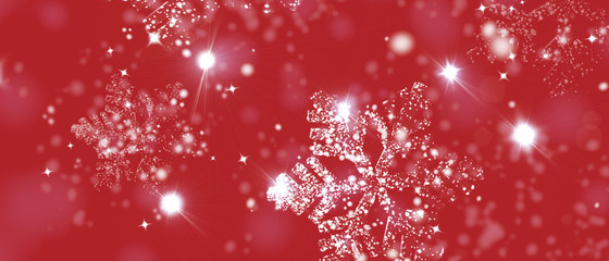 Beautiful pink christmas background with shiny snowflakes and bokeh. Panoramic orientation.