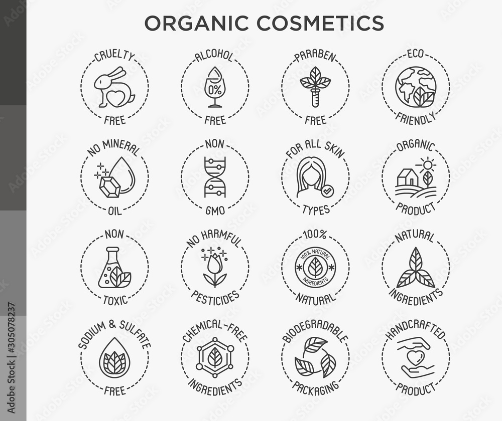 Organic cosmetics set of thin line icons for product packaging. Cruelty ...