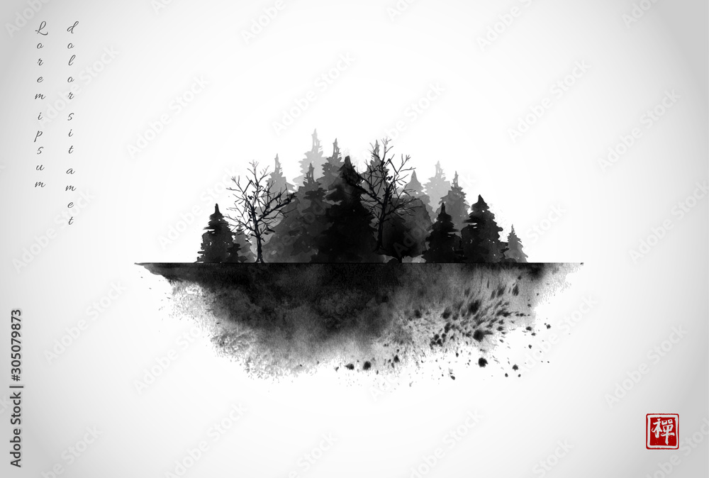 Black ink wash painting composition with misty forest trees on white background. Traditional oriental ink painting sumi-e, u-sin, go-hua. Hieroglyph - zen - obrazy, fototapety, plakaty 