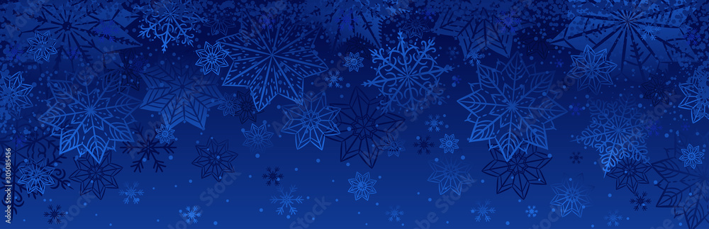 Blue christmas banner with snowflakes. Merry Christmas and Happy New Year greeting banner. Horizontal new year background, headers, posters, cards, website.Vector illustration - obrazy, fototapety, plakaty 