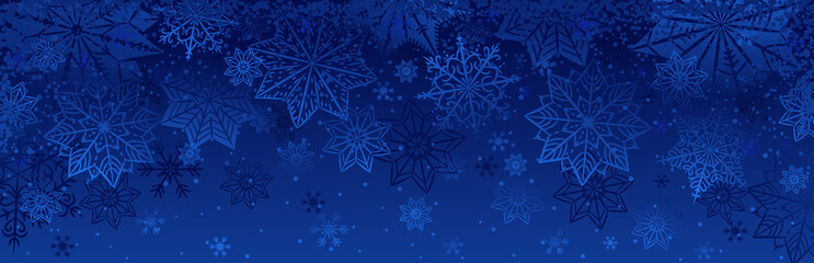 Wall Mural - Blue christmas banner with snowflakes. Merry Christmas and Happy New Year greeting banner. Horizontal new year background, headers, posters, cards, website.Vector illustration
