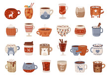 Vector Collection Of Hot Drinks In A Cute Mug In Flat Design. Hot Chocolate, Coffee, Cocoa With Marshmallow. Autumn And Winter Holidays Set.