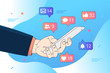 Hand interacting with social media. Icons popping up with likes, friend request, chat, notifications and comments. Vector illustration concept for smartphone addiction or social media use.