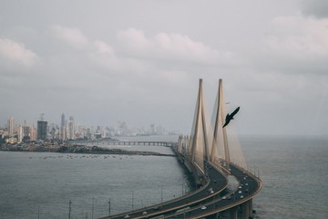Wall Mural - high angle shot of bandra worli sealink in mumbai enveloped with fog