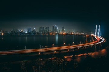 Wall Mural - high angle shot of bandra worli sealink in mumbai at night time