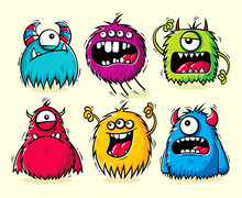 Set Of Isolated Funny Furry Monsters