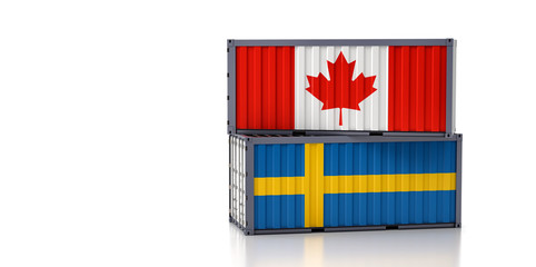 Two freight container with Canada and Sweden flag. 3d rendering 