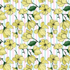 Vector Magnolia floral botanical flowers. Black and white engraved ink art. Seamless background pattern.