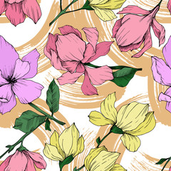 Wall Mural - Vector Magnolia floral botanical flowers. Black and white engraved ink art. Seamless background pattern.