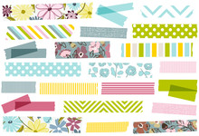 Collection Of Pastel Floral Washi Tape Strips. Semi-transparent Masking Tape Or Adhesive Strips For Scrapbooking, Crafts, Web And More.