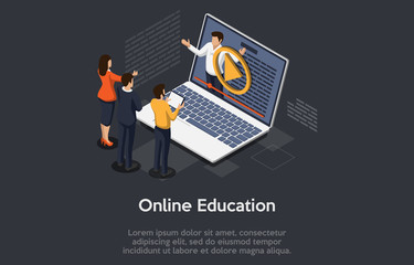 Wall Mural - Online education isometric concept, laptop with teacher, internet course for learning on home.