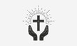 Vintage Christian logo. Hands with catholic cross and sunburst. Vector illustration