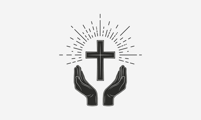 vintage christian logo. hands with catholic cross and sunburst. vector illustration