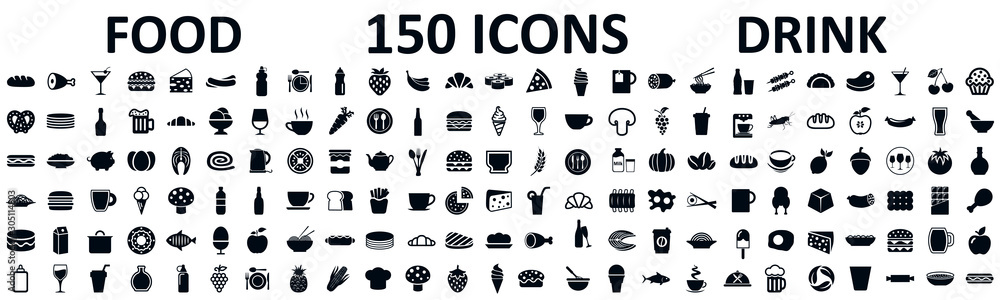 Food and drinks set 150 icons for menu, infographics, design elements – stock vector - obrazy, fototapety, plakaty 