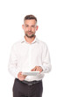 © Igor - businessman in white shirt using digital tablet isolated on white
