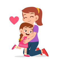 Happy Cute Kid Girl Hugging Mom Love