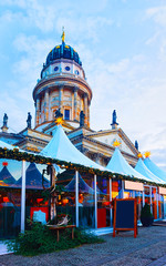 Sticker - Night Christmas Market of Gendarmenmarkt in Winter Berlin, Germany. German street Xmas and holiday fair. Advent Decoration and Stalls with Crafts Items on the Bazaar.