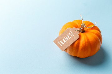 Mini orange pumpkin with the cardboard tag on the blue paper background. Fall, gifting and Thanksgiving concept. Soft focus