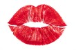 Imprint or print of red lipstick on a white background, isolated. Make-up female lips close up. Concept of love, makeup and beauty. Sexy red lips on white, kiss. Trace of lipstick.