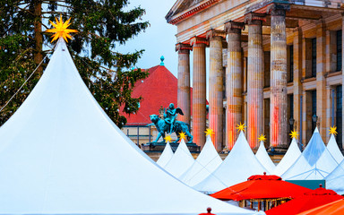 Sticker - Night Christmas Market of Gendarmenmarkt in Winter Berlin, Germany. German street Xmas and holiday fair. Advent Decoration and Stalls with Crafts Items on the Bazaar.