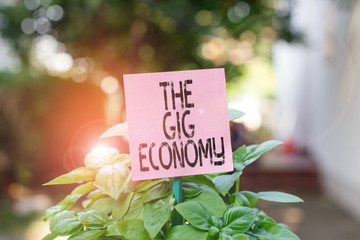 Text sign showing The Gig Economy. Business photo showcasing Market of Shortterm contracts freelance work temporary Plain empty paper attached to a stick and placed in the green leafy plants