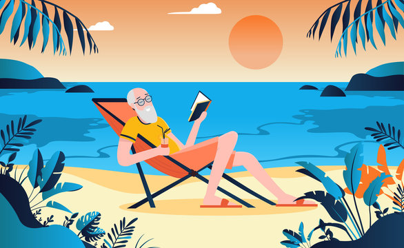 retired old man on beach enjoying life with a book in hand. sunny warm background in a tropical envi