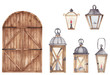 © Alla - Watercolor vintage lanterns set and wooden barn door isolated on white background. Hand drawn wooden decorative elements