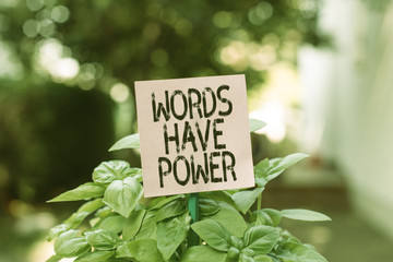 Text sign showing Words Have Power. Business photo showcasing Energy Ability to heal help hinder humble and humiliate Plain empty paper attached to a stick and placed in the green leafy plants