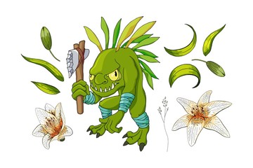 Cartoon angry toothed sea creature character with floral environment