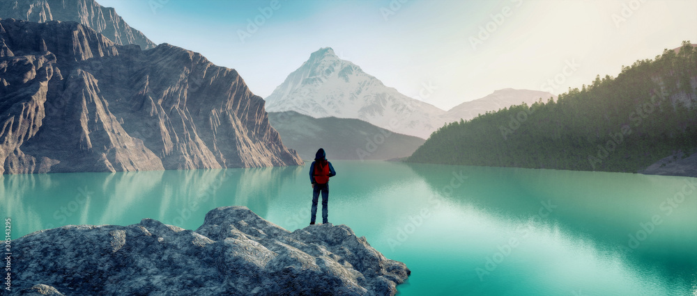 traveler lake mountain. This is 3d render illustration - obrazy, fototapety, plakaty 
