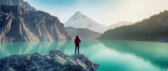 traveler lake mountain. this is 3d render illustration