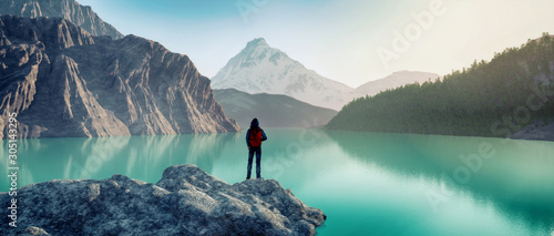 Fotografía traveler lake mountain. This is 3d render illustration