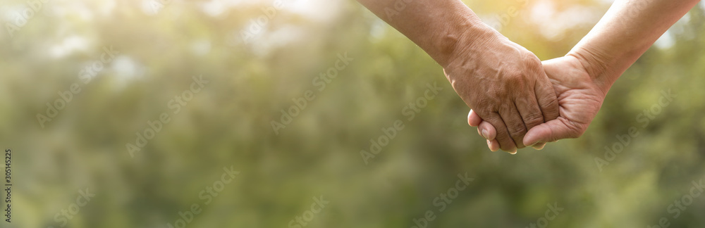 Senior couple holding hands together over green nature background. - obrazy, fototapety, plakaty 
