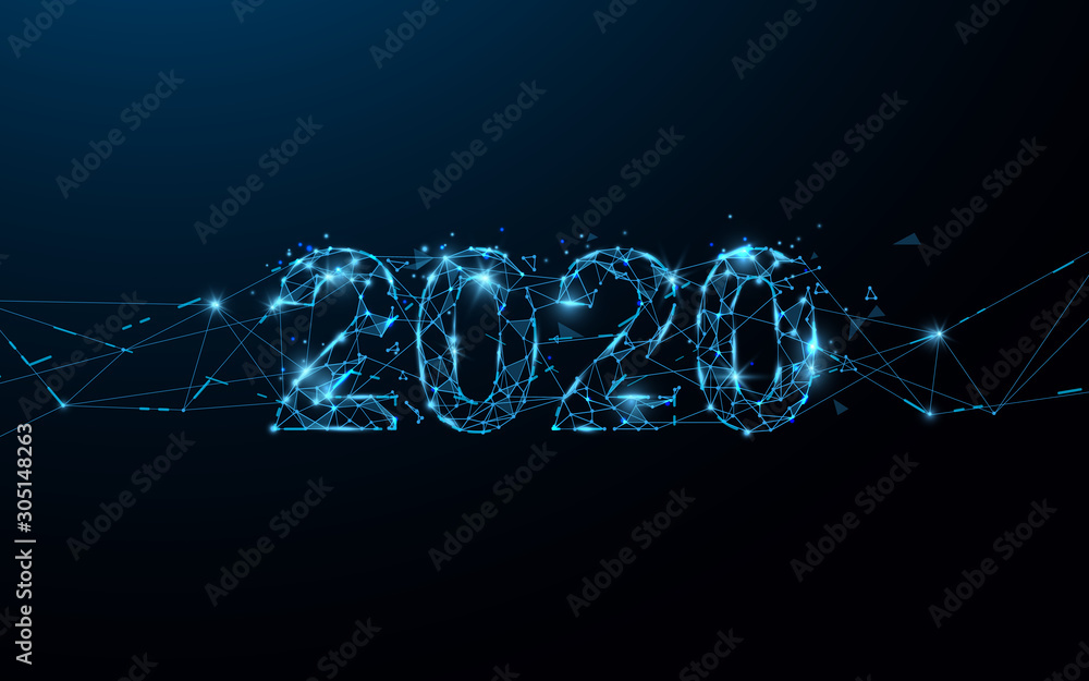 Happy New Year 2020 Banner Form Lines Triangles And Particle