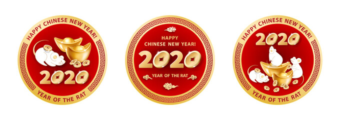 Wall Mural - Set of three round stickers. White metal Rat is a symbol of 2020 Chinese New Year. Cute mice around realistic gold ingots Yuan Bao and coins on red background. The wish of wealth and monetary luck