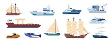 Flat Ships. Sailing Yachts, Marine Sailboats And Motor Ships, Ocean Transportation Types. Vector Illustrations Catamaran And Powerboat, Boat With Sail, Tugboat, Yacht Set, For Travel And Work