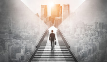 Ambitious Business Man Climbing Stairs To Meet Incoming Challenge And Business Opportunity. The High Stair Represents The Concept Of Career Path Success, Future Planning And Business Competitions.