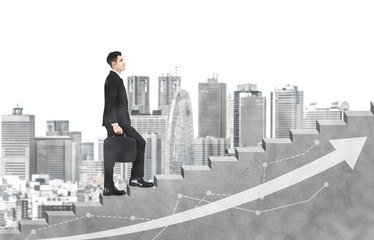 Wall Mural - business man climbing up stair steps to career success with business district and horizon skyline as