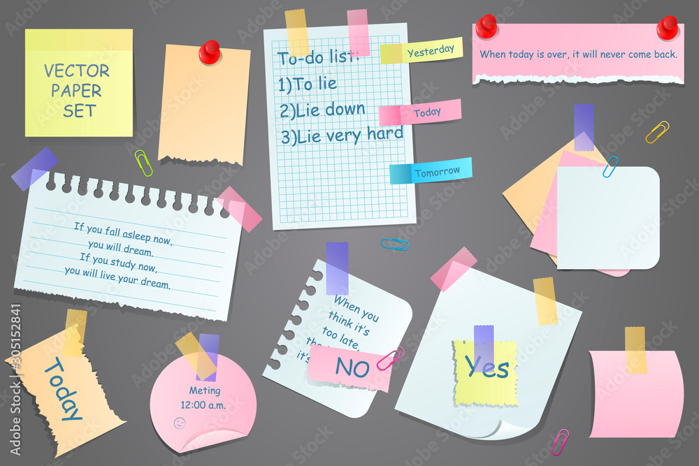 Paper notes on stickers, notepads and memo messages torn paper sheets ...