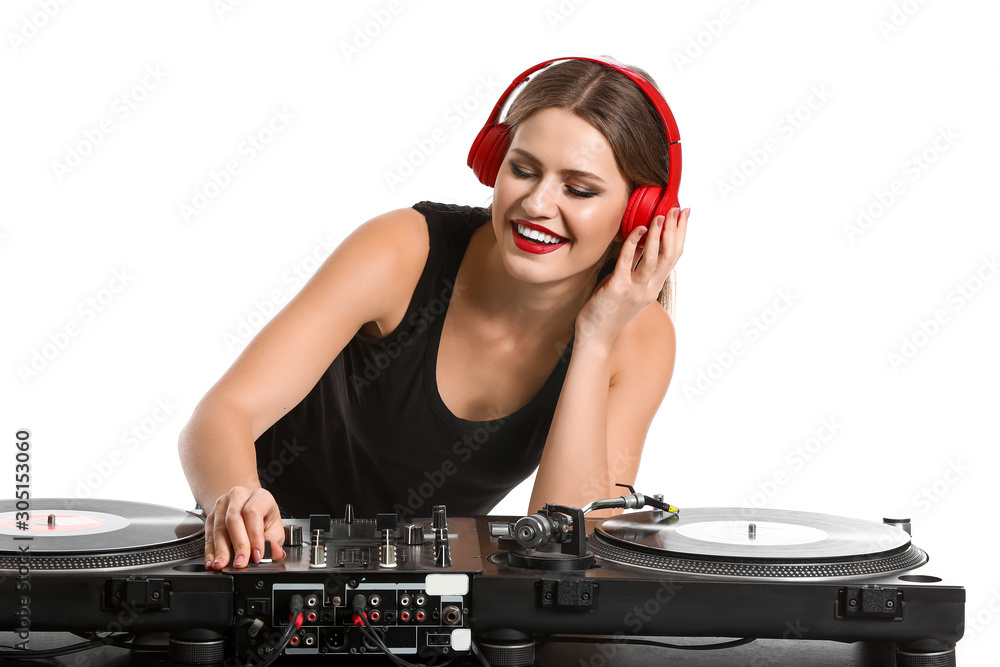 Female dj playing music on white background