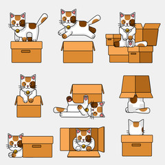 Sticker - Cartoon Color Cat and Box Icon Set. Vector