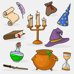 Poster - Cartoon Color Magician Tools Wizard Icon Set. Vector