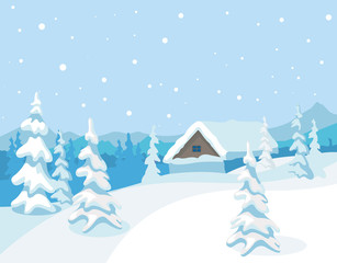 Sticker - Cartoon Color Winter Landscape Scene Concept. Vector