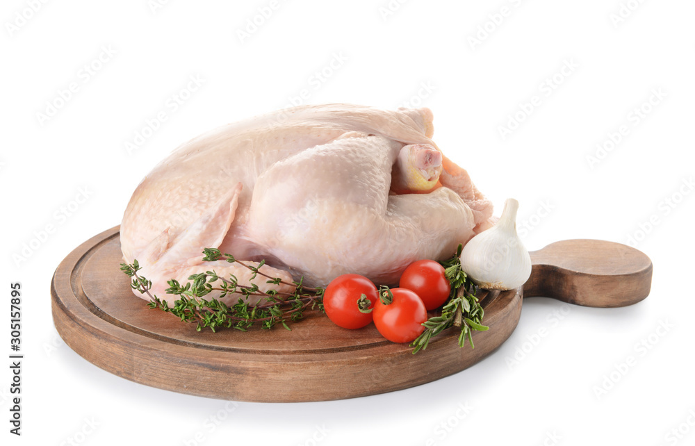 Raw chicken with spices and tomato on white background