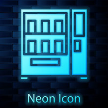Glowing Neon Vending Machine Of Food And Beverage Automatic Selling Icon Isolated On Brick Wall Background. Vector Illustration