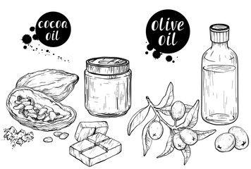 Wall Mural - Vector set of Organic ingredients for cosmetic care oils. Cocoa butter and olive oil, Black and white