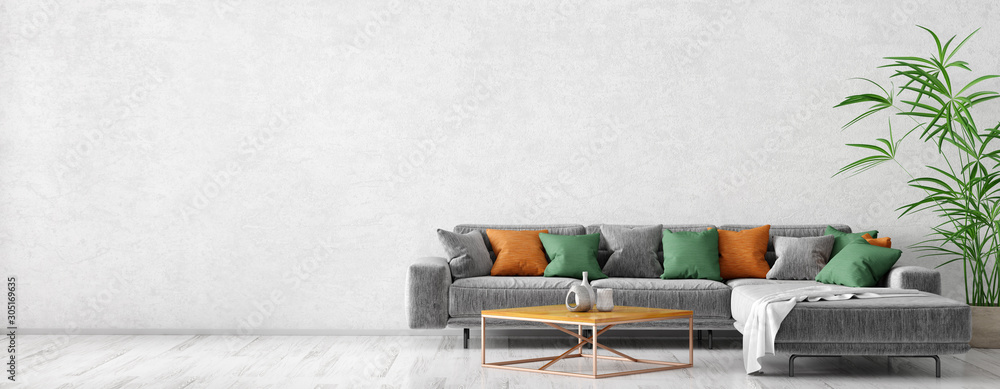 Interior design of modern living room with grey sofa and coffee table ...