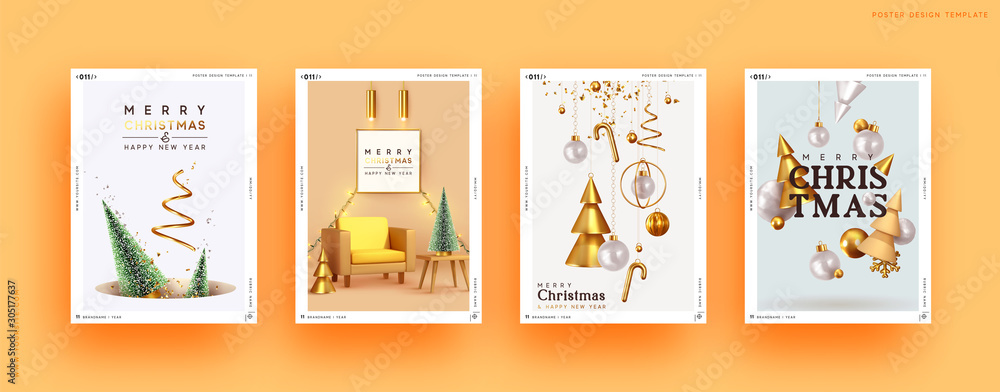 Set of Christmas and New Year holiday gift cards. Xmas banners, web poster, flyers and brochures, greeting cards, group bright covers. Design with realistic Christmas decoration objects. - obrazy, fototapety, plakaty 