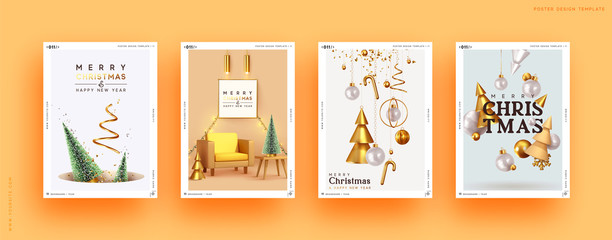 Wall Mural - Set of Christmas and New Year holiday gift cards. Xmas banners, web poster, flyers and brochures, greeting cards, group bright covers. Design with realistic Christmas decoration objects.