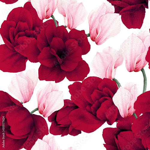 Seamless floral pattern with flowers on light background, watercolor. Templat...